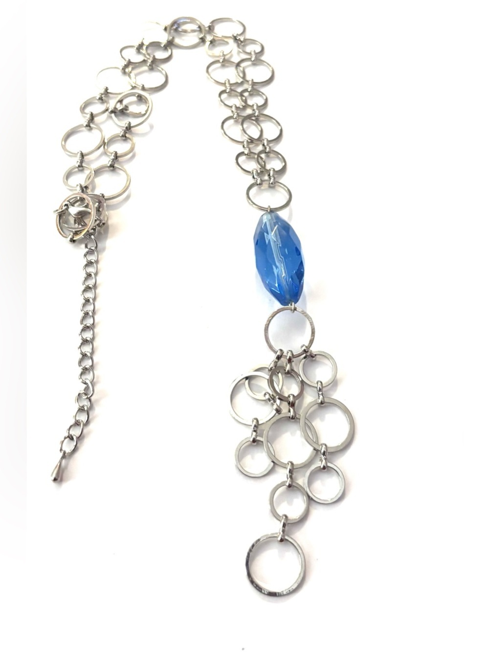 Silver Circle-Link Necklace with Bright Blue Faceted Bead